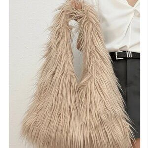 NWT TAUPE Ari Faux Fur Hobo Bag – Soft Plush Shoulder Purse with Gold Hardware